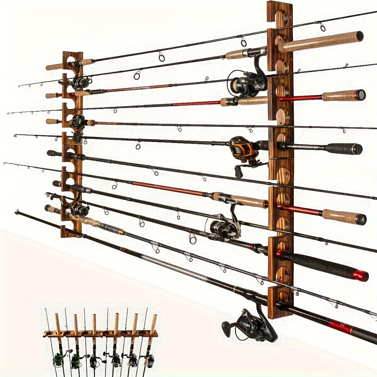 Ghosthorn Premium Wooden Fishing Rod Rack - Holds 12 Rods, Wall/Ceiling Mounted, Ideal for Garage Storage & Organization, Perfect Gift for Anglers on Christmas, Father's Day, Valentine's - Sleek Brown, Fishing Rod Storage