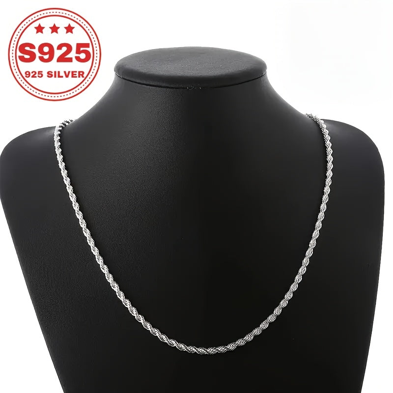 S925 Sterling Silvery Twist Chain Necklace - Classic Italian Style, 4mm Wide, Fashionable & Trendy, Perfect Christmas Gift, 0.6oz