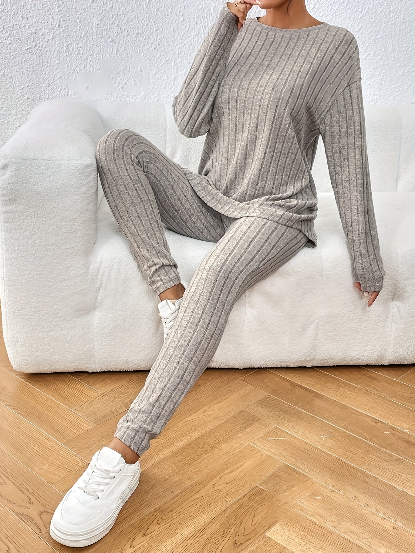 Women'S Fall/Winter Knit Pajama Set, Solid Color Polyester 100% Long Sleeve Crew Neck Loose Fit Vacation Style Pullovers with Pants, Comfortable V-Neck Lounge Suit