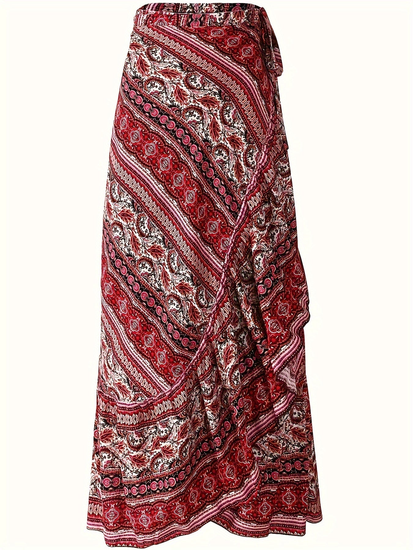 [Boho Print Maxi Skirt] High Waist Boho Print Maxi Skirt - Asymmetric Hem Side Wrap Long Skirt for Women