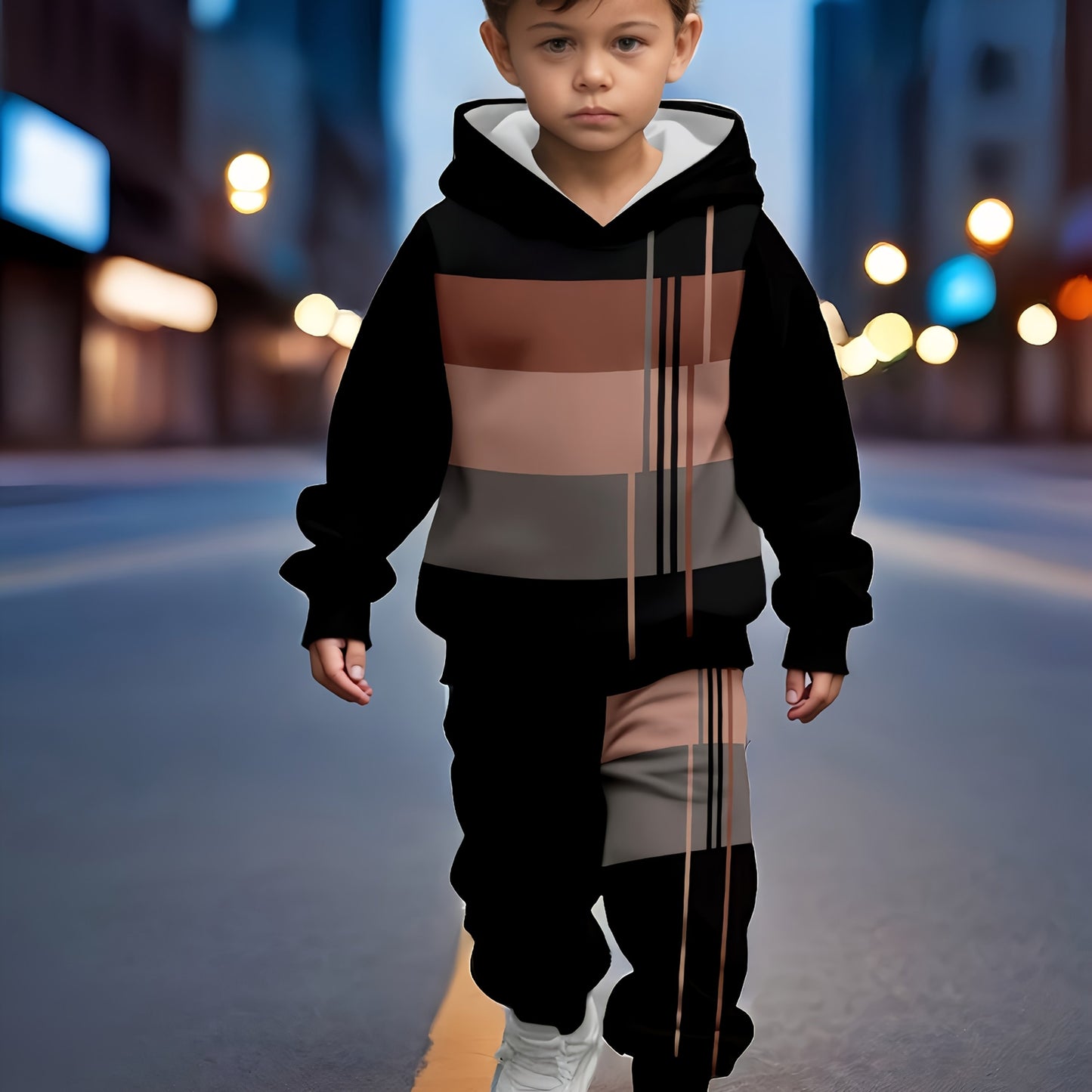 [Machine Washable] Boys' 2pcs Color Block Stripe Hoodie & Joggers Set | Comfortable, Casual | Machine Washable | Outdoor, Spring/Fall