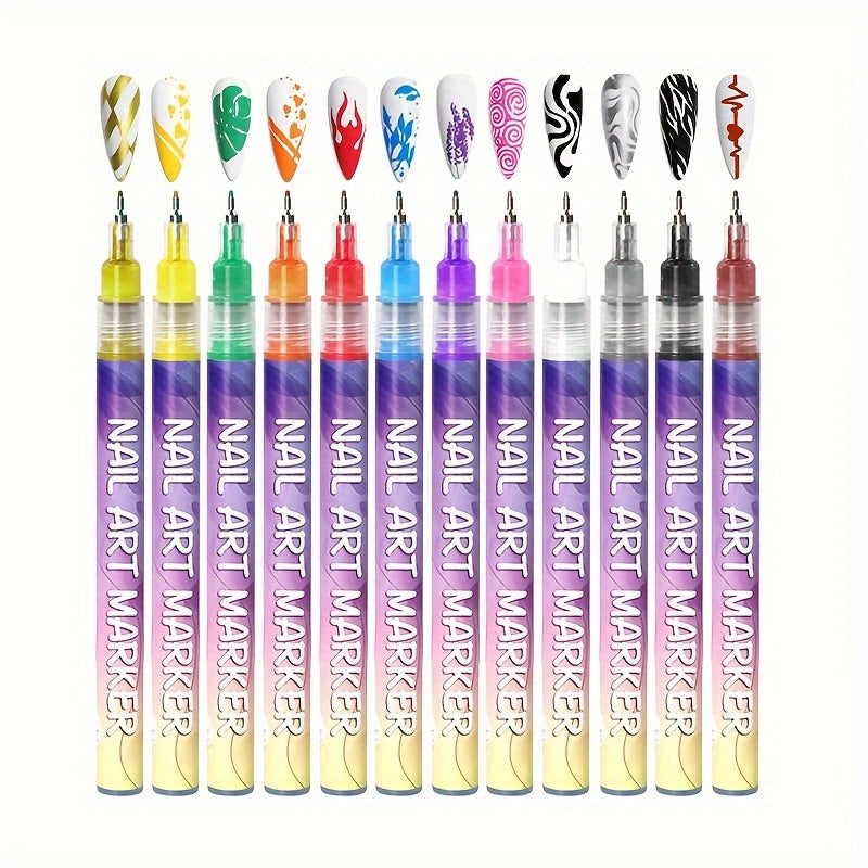 1set Nail Doodle Pen, 12-color Acrylic Paint Pen, Nail Paint DIY Quick Drying Dot Stitching Pen, Precision 3D Doodle Nail Art Pen, Nail Art Pen Set, Quick Drying, Suitable For Home And Salon DIY, Professional Details And Long