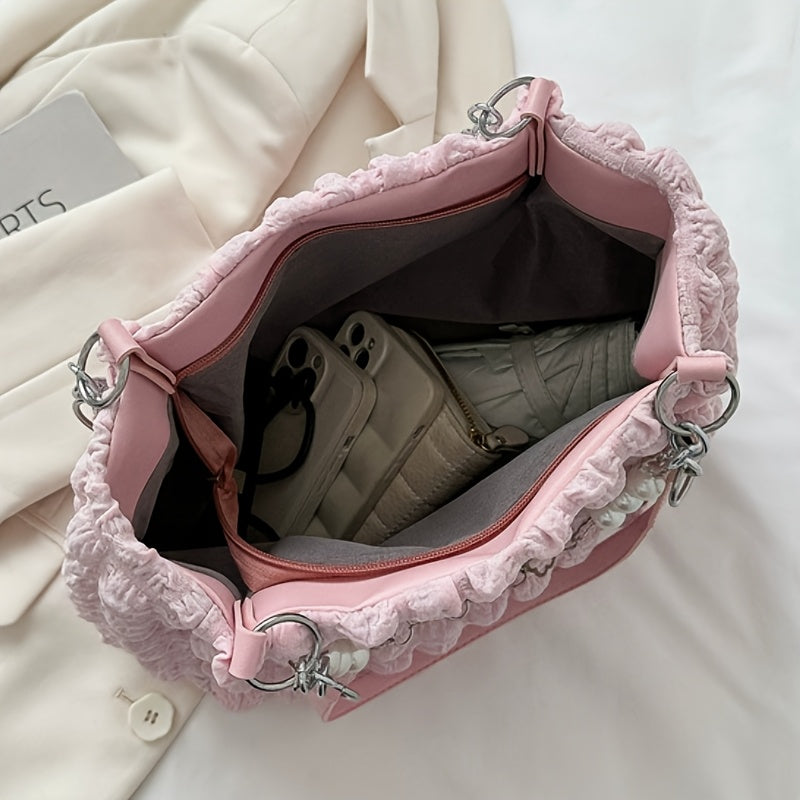 1pc Summer Sweet Clouds Tote Bag, Large Capacity Nylon Shoulder Bag for Women, Soft Handbag with Zipper Closure, 4 Colors (White/Pink/Green/Black), City Theme, Polyester Lining, Perfect for Commuting & Outings