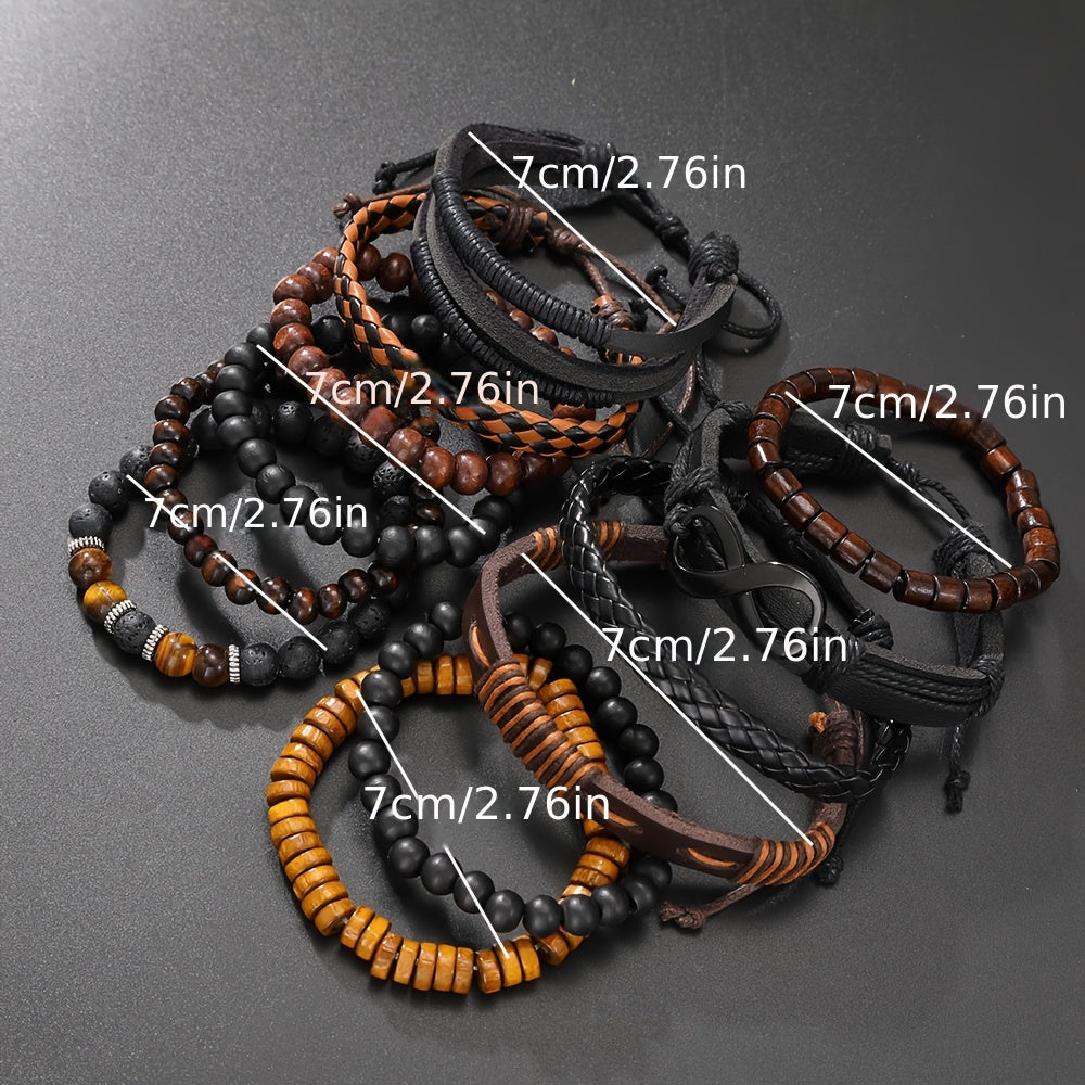 12pcs Vintage Men'S Bracelet Set - Braided Leather, Tiger Eye & Moonstone Beads, Synthetic Fiber Rope, Fashion Jewelry for Casual & Party Wear