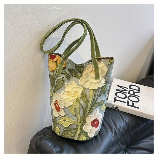 Floral Oxford Cloth Bucket Bag for Women - Stylish Summer Handbag with Oil Painting Flower Design, Large Capacity, Green/Blue/Black, Perfect for Casual Outings, Ladies Handbags