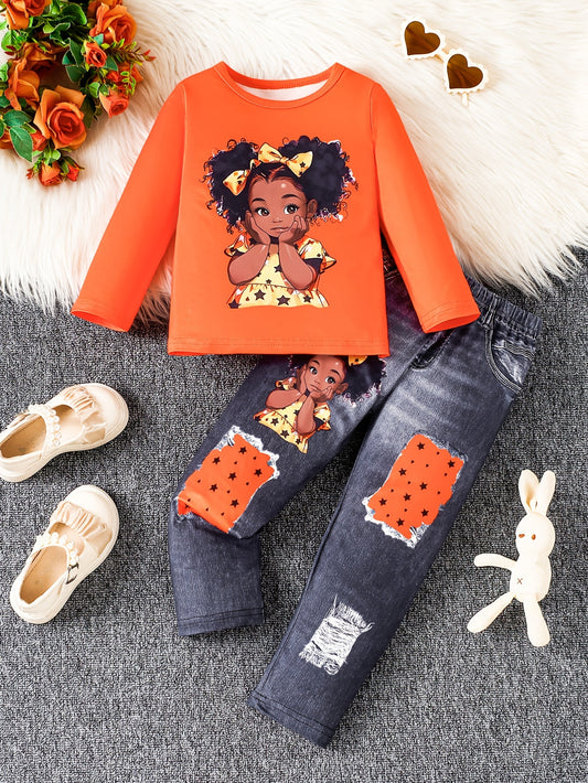 2Pcs Sweet Doll Print Suit Girl's outdoor Long-Sleeve Top + Imitation Denim Effect Leggings Set - Spring & Fall Clothes, Casual Outfits Holiday Sports Gift