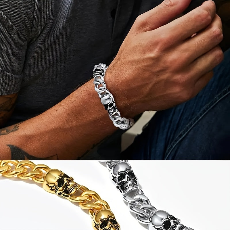 Men's Skull Gothic Stainless Steel Magnetic Cuban Chain Bracelet - Halloween Gifts For Men, Cool Punk Style Bracelets Daily Wear Bar Bracelets