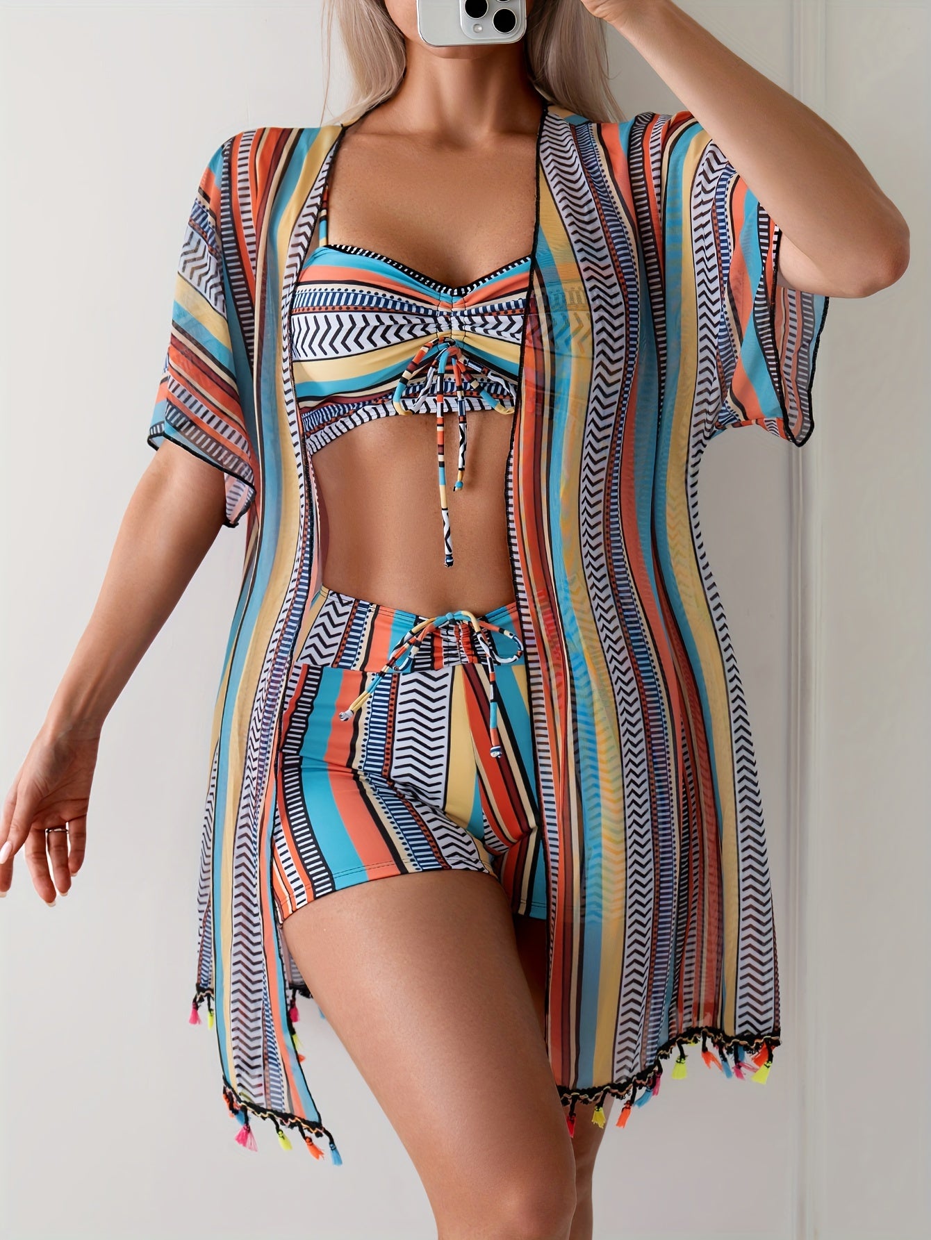 Women's Striped Bikini Swimsuit with Cover-up 3 Piece Set