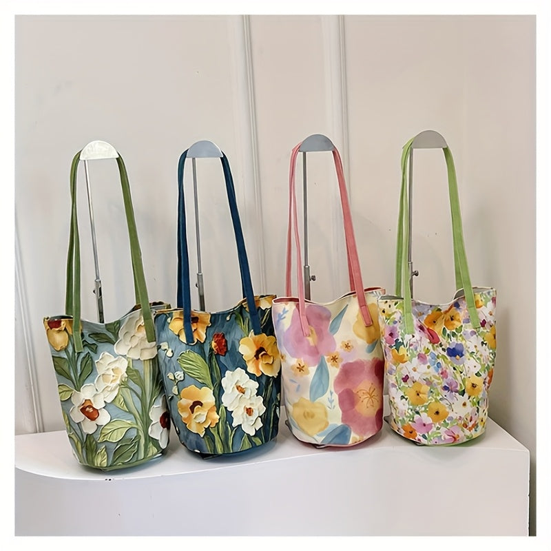 Floral Oxford Cloth Bucket Bag for Women - Stylish Summer Handbag with Oil Painting Flower Design, Large Capacity, Green/Blue/Black, Perfect for Casual Outings, Ladies Handbags