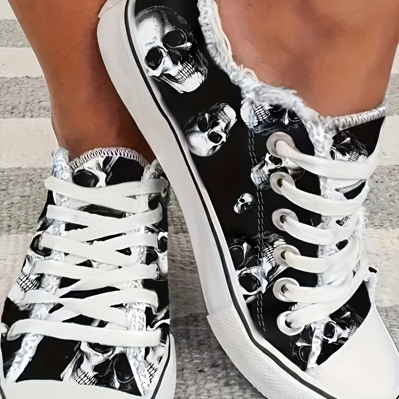 Plus Size Women's Lightweight Canvas Halloween Skull Print Low Top Sneakers, Casual Lace Up Outdoor Shoes