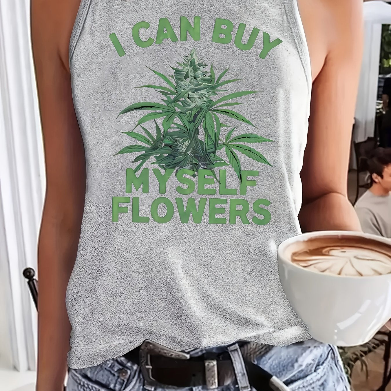 Women'S Casual Polyester Spandex Knit Fabric Crew Neck Tank Top, Regular Fit, with Cannabis Flower and Letter Print, for All Season Sleeveless Shirt