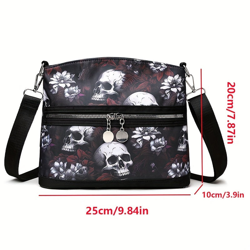 Vibrant Gothic Floral Skull Crossbody Bag - Women's Punk Style Shoulder Bag for Daily Commuter and Work with Adjustable Strap, Multi-Functional Travel Purse, Spacious Interior, and Stylish Design