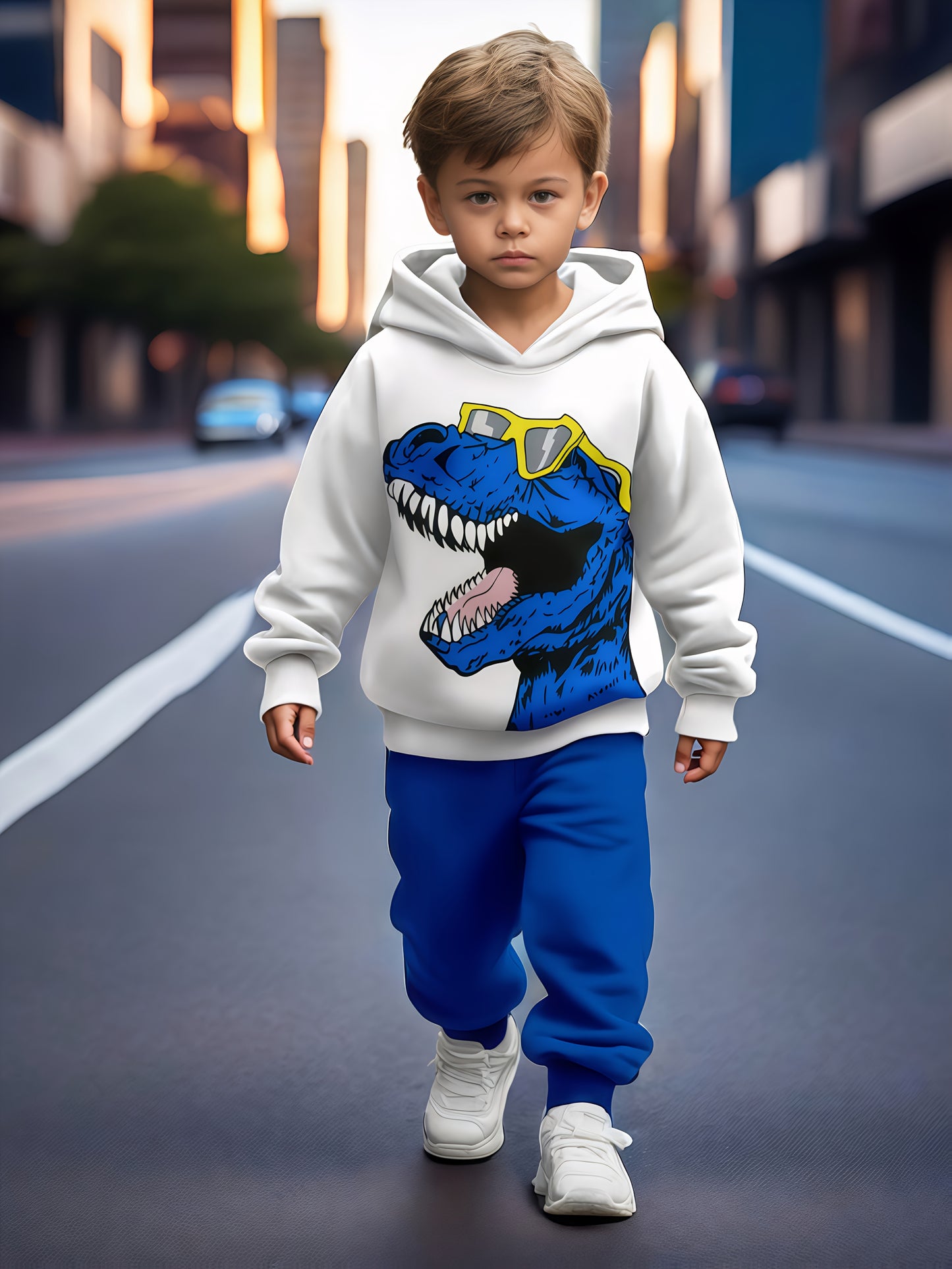 2pcs boy's cartoon dinosaur print sweatshirt sports suit, hooded sweatshirt + jogging pants sports Youngsters's clothing gift. Comfortable fabric, spring and autumn season, 2pcs sports sweatshirt set. Suitable for outdoor use