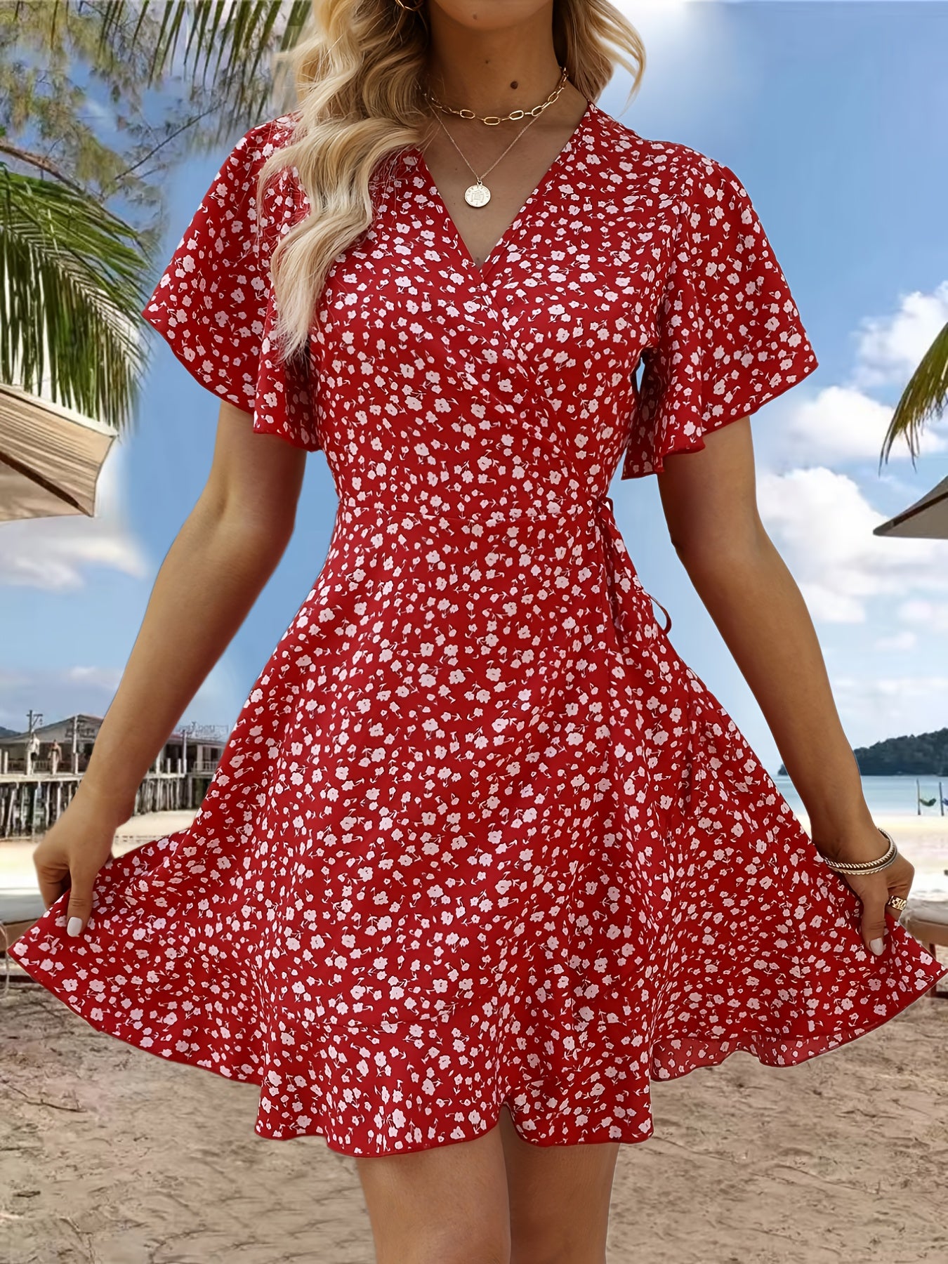 Vibrant Floral Print Ruffle Hem Wrap Dress - Short Sleeve, V-Neck, Sexy, Flowy, Spring & Summer Essential - Women's Clothing for Chic Ladies