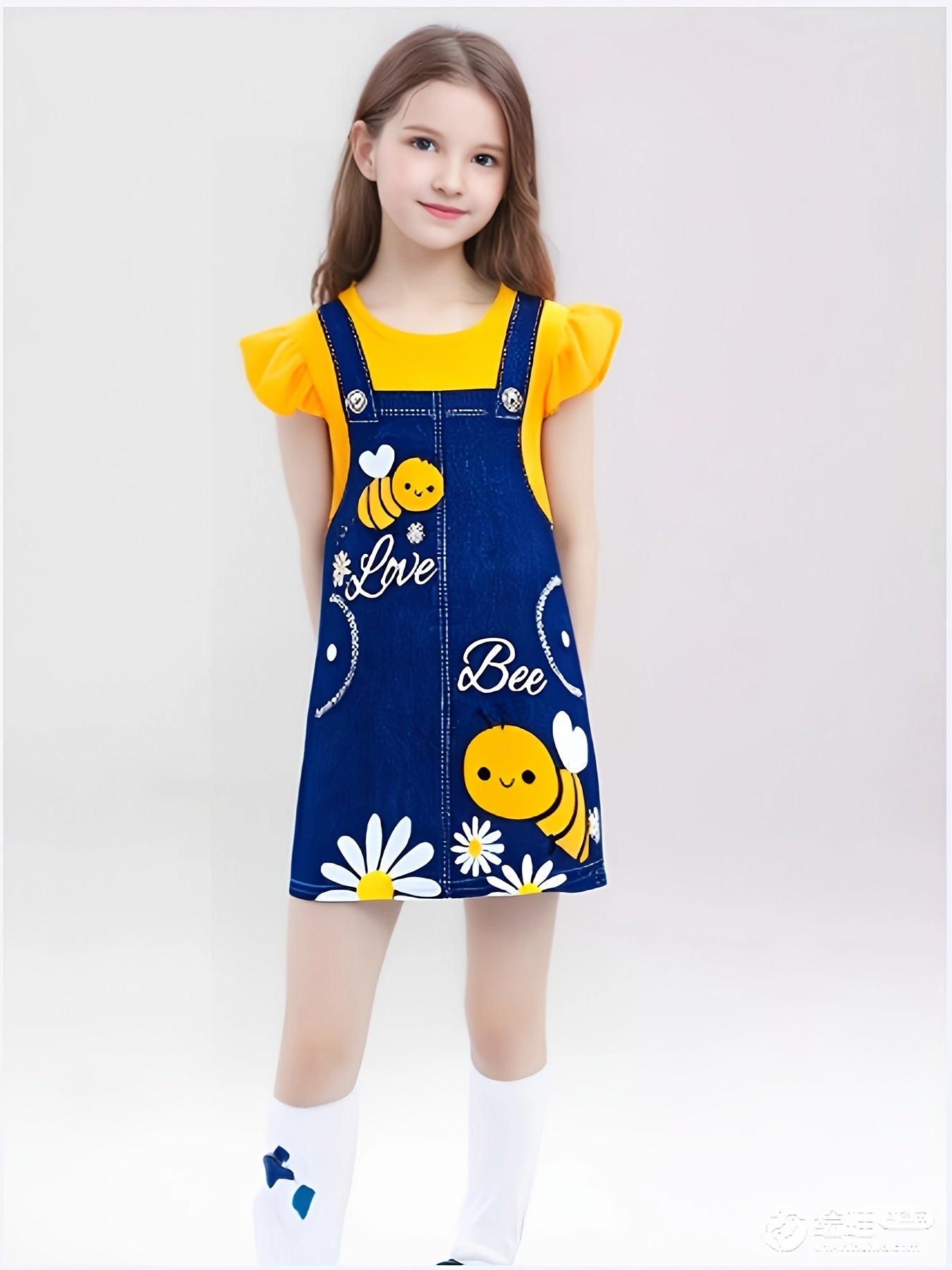 Adorable Girls' Summer Dress - Yellow Flying Sleeve Top with Cute Bee & Floral Print, Imitation Denim Casual Straight Skirt, Knee-Length, Easy-Care Polyester Blend, Two-piece, Digital Print