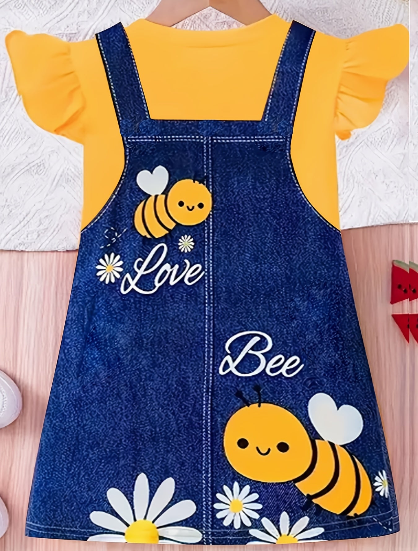 Adorable Girls' Summer Dress - Yellow Flying Sleeve Top with Cute Bee & Floral Print, Imitation Denim Casual Straight Skirt, Knee-Length, Easy-Care Polyester Blend, Two-piece, Digital Print