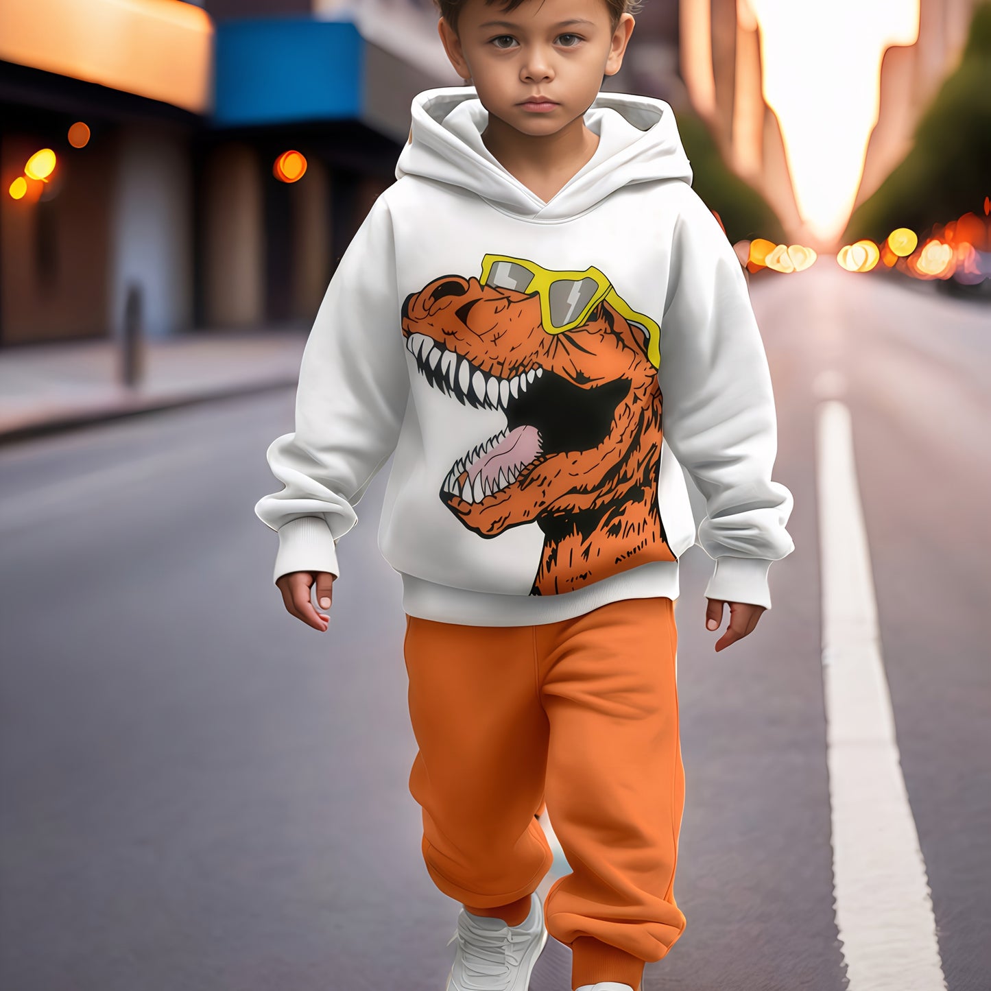 2pcs boy's cartoon dinosaur print sweatshirt sports suit, hooded sweatshirt + jogging pants sports Youngsters's clothing gift. Comfortable fabric, spring and autumn season, 2pcs sports sweatshirt set. Suitable for outdoor use