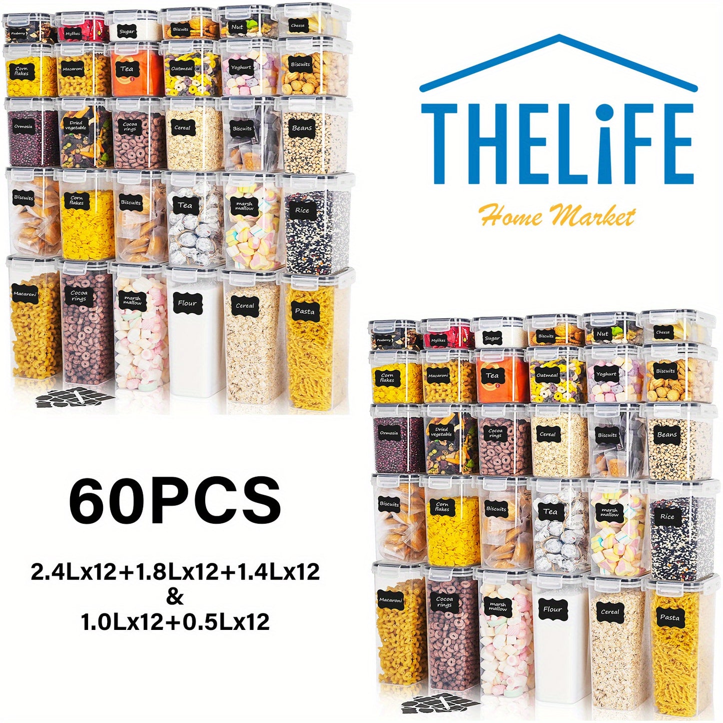 THELiFE 120/60pcs (60/30 jars and 60/30 lids) airtight food storage box set, made of BPA-free plastic, ideal for grains, flour, snacks, baking supplies, with blackboard labels and markers, dishwasher safe, Christmas gift