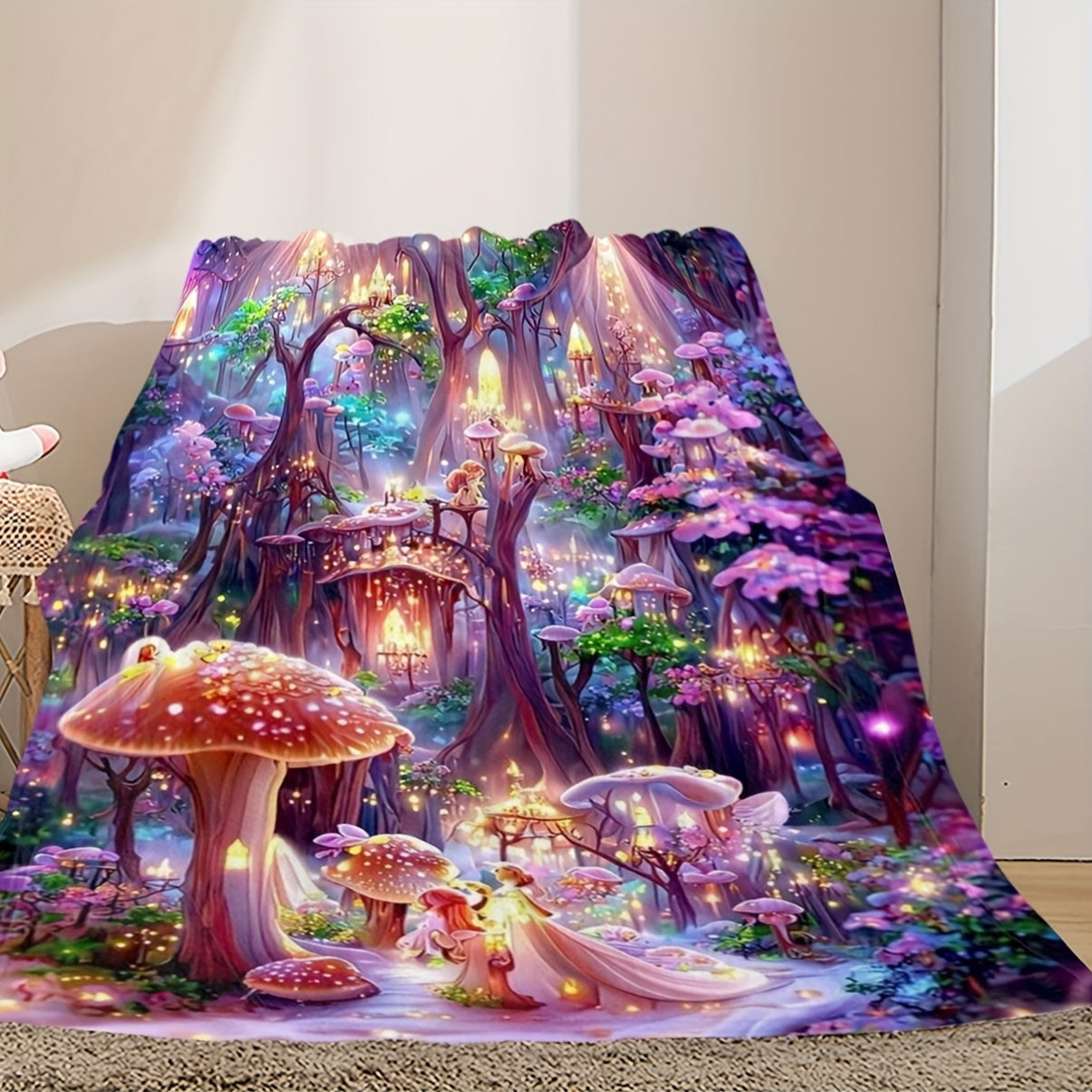 Whimsical Fantasy Mushroom Castle Throw Blanket - Soft, Reversible, and Vibrant Polyester Knit Bedding with Unique Embellishments, All-Season Multipurpose Design, and Flower Patterned Reverse Side