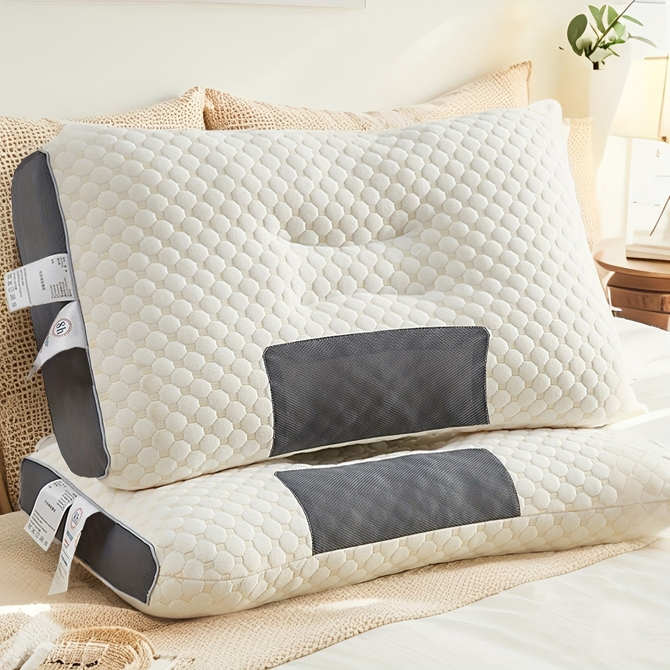 4/2/1pc Soft Adjustable Knitted Massage Pillow with Detachable Cover - Vacuum Compression Design, Ultrasound Embossed Bubble Mesh & Gel-Filled for Neck Relief, All-Season White Bed Pillow, Comfortable Sleep | Highquality Fabr