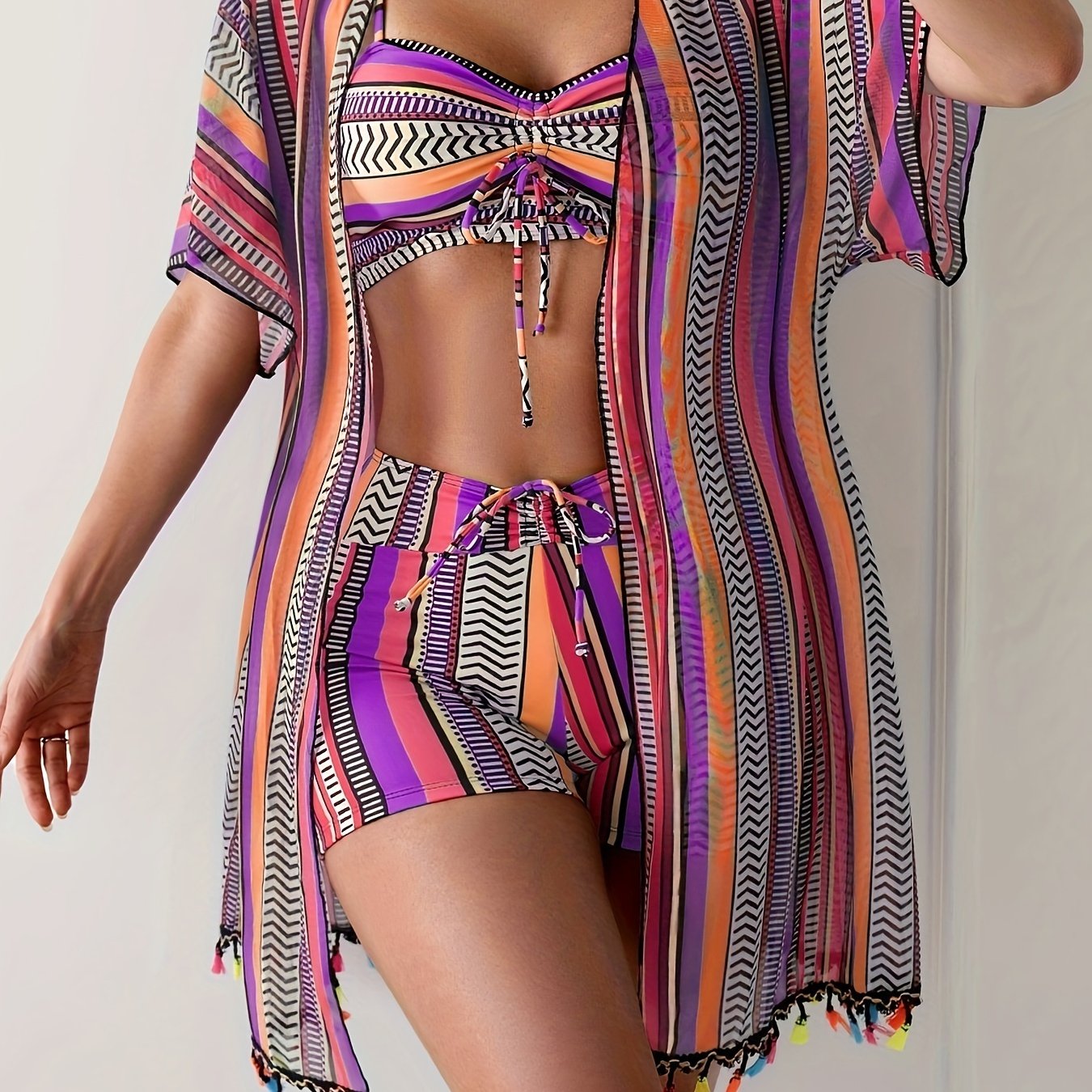 Women's Striped Bikini Swimsuit with Cover-up 3 Piece Set