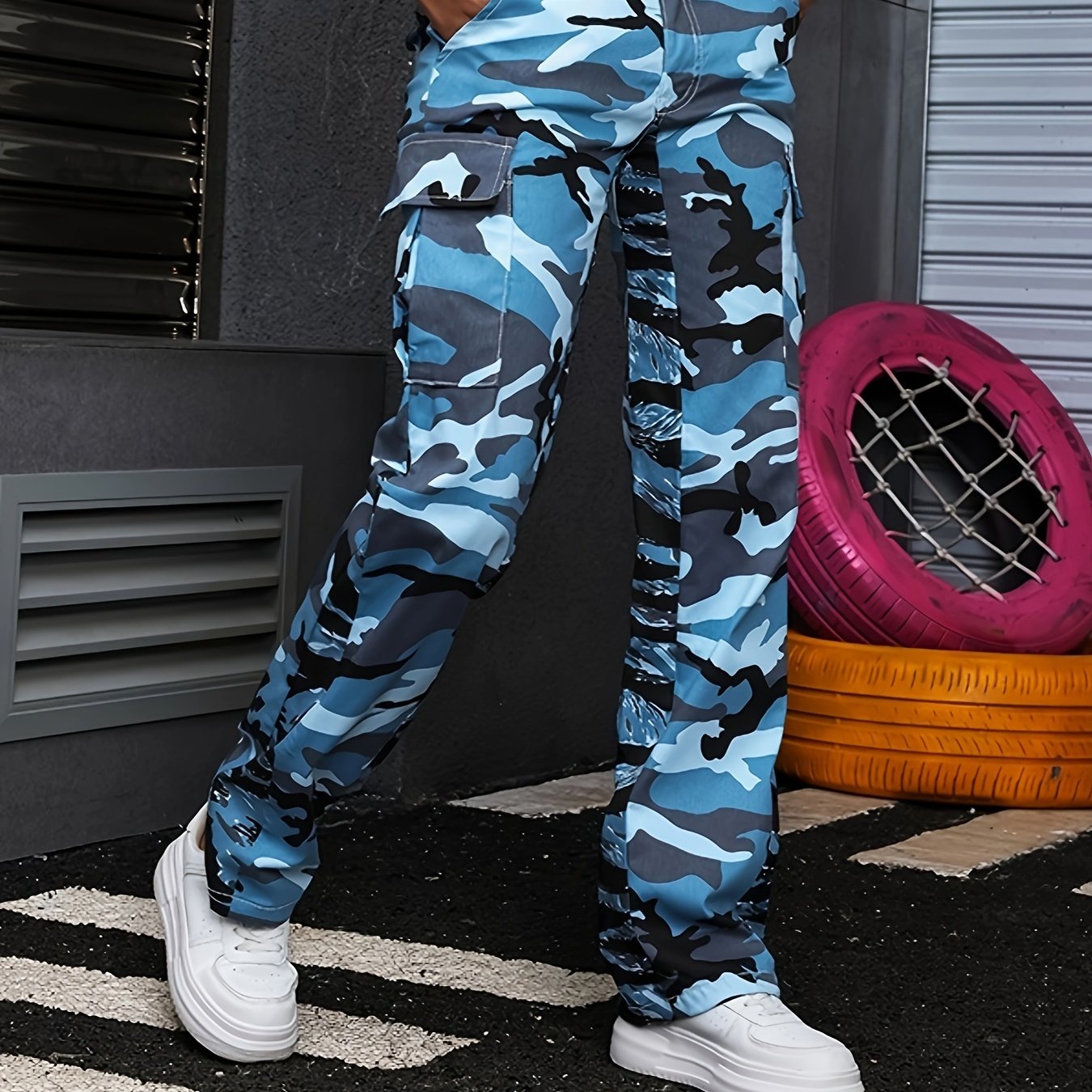 Women's Stretchy Camouflage Cargo Pants, Street Style, Elastic Waistband, Multiple Pockets, Fashionable Outdoor Trousers