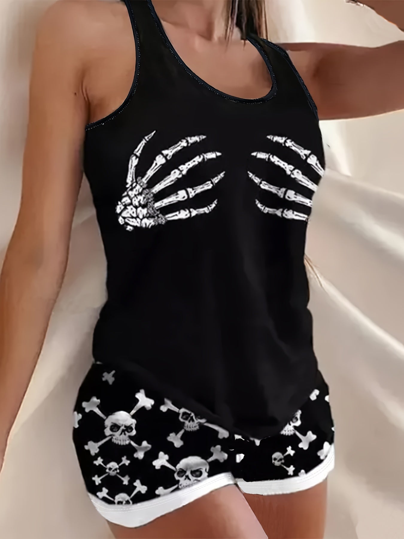 Women's Halloween Skull Print Tank Top & Shorts Pajama Set - Casual, Stretchy Polyester Blend, Machine Washable