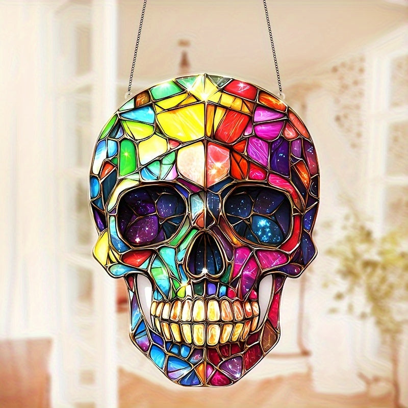 Sugar Skull Acrylic Sun Catcher - 8"x6" Stained Glass-Style Hanging Decor for Home, Garden, and Party - Perfect for Day of the Dead & Holiday Celebrations