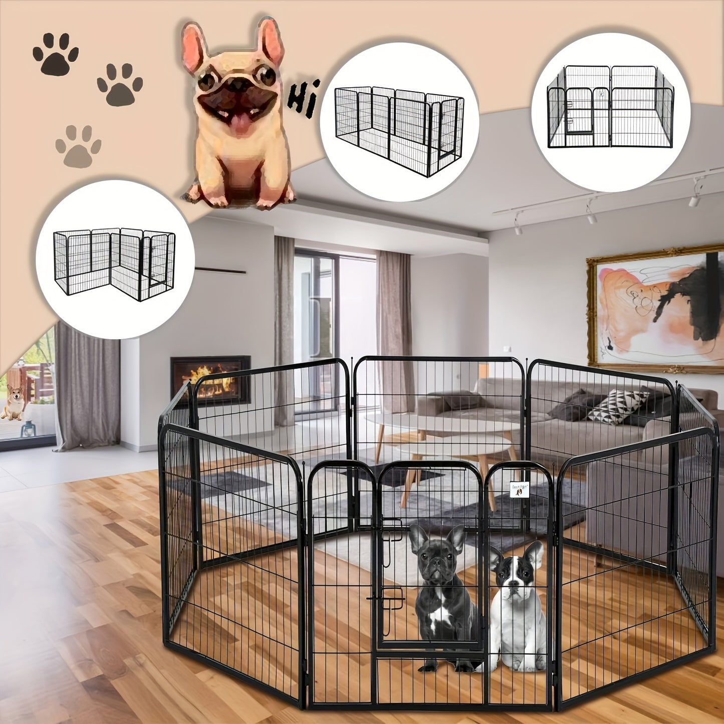 16 Panels High Exercise Heavy Duty 8Panels Pet Playpens For Dogs, Foldable Metal Indoor Outdoor Pet Fence Barrier With Lockable Double Door Dog Fence