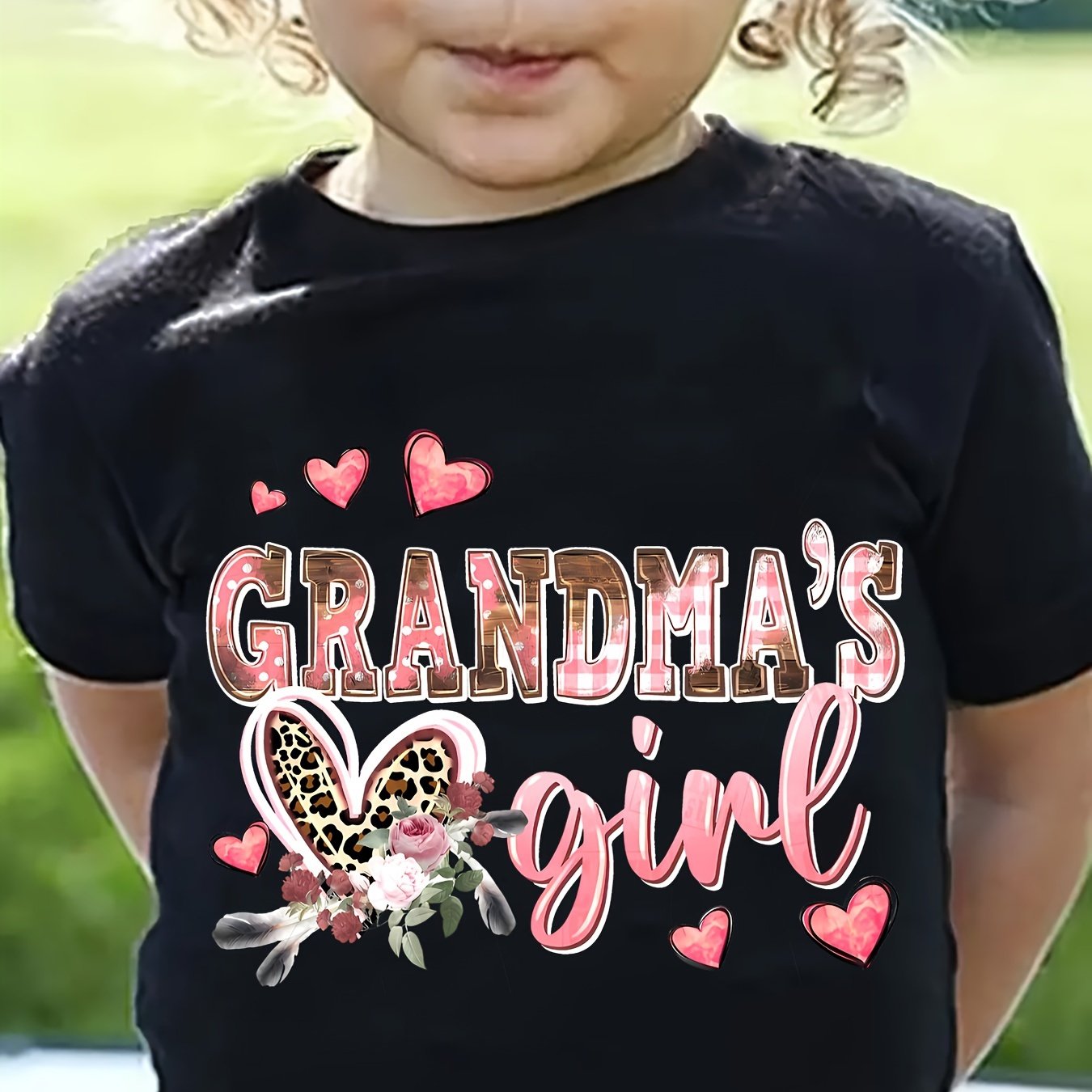 Adorable "Grandma's Girl" Pink T-Shirt for Girls - Soft & Stretchy Polyester Crew Neck Short Sleeve Tee with Heart & Butterfly Accents, Perfect for Summer, Girls Shirts