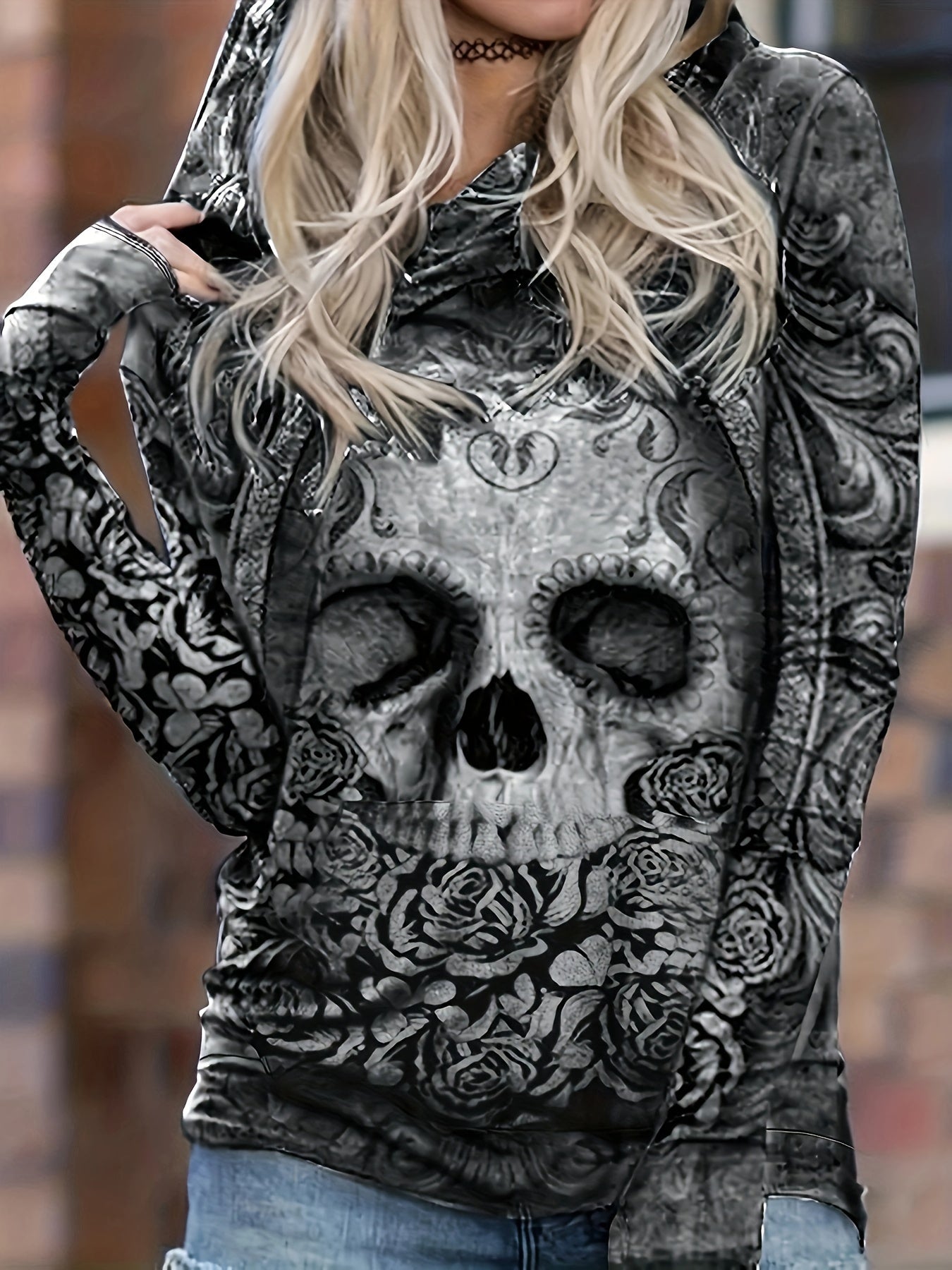 Skull Floral Hoodie - Ultra-Comfortable Casual Design, Long Sleeve for Added Warmth - Perfect for Spring and Fall Seasons, Designed Exclusively for Womens Clothing