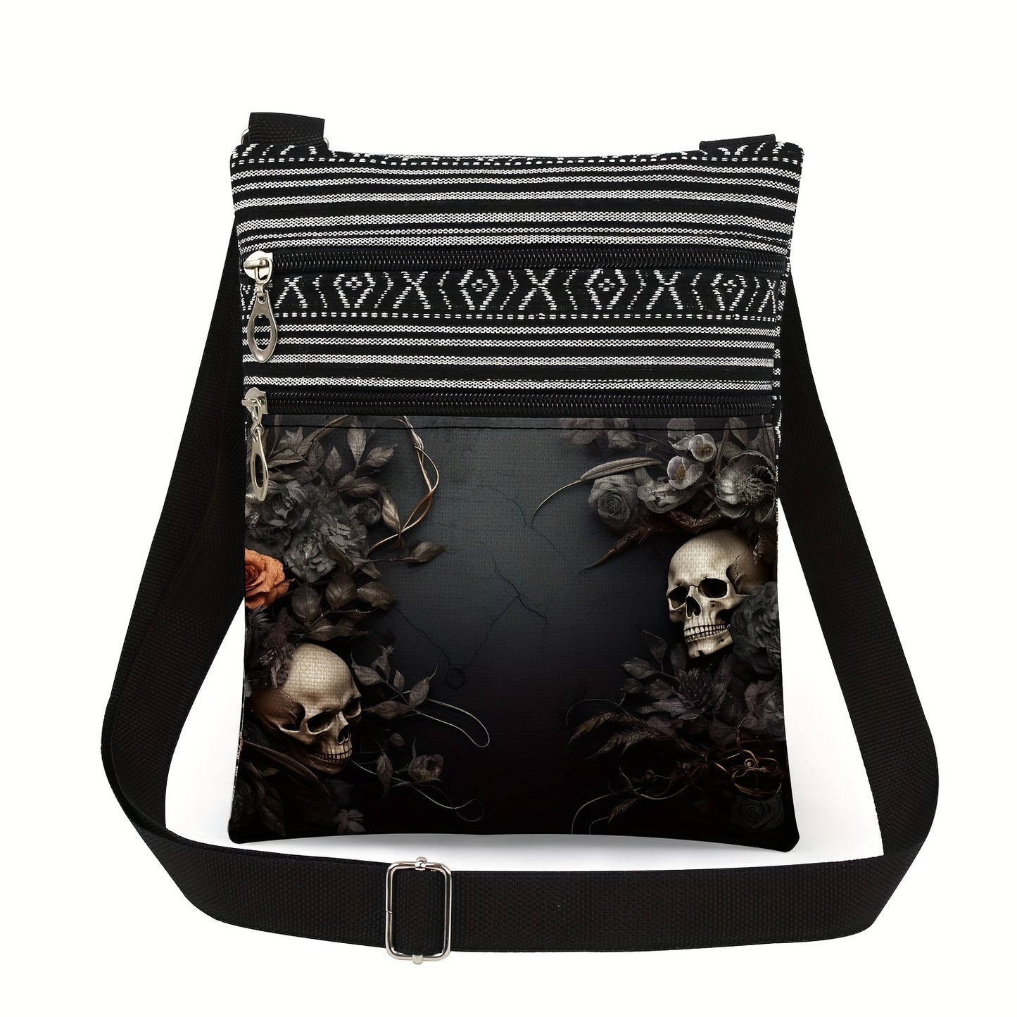 Stylish Skull Print Crossbody Bag with Adjustable Black & White Striped Strap - Durable Polyester, Handwash/Dry Clean, Ideal for Daily Commute, Small Crossbody Bag