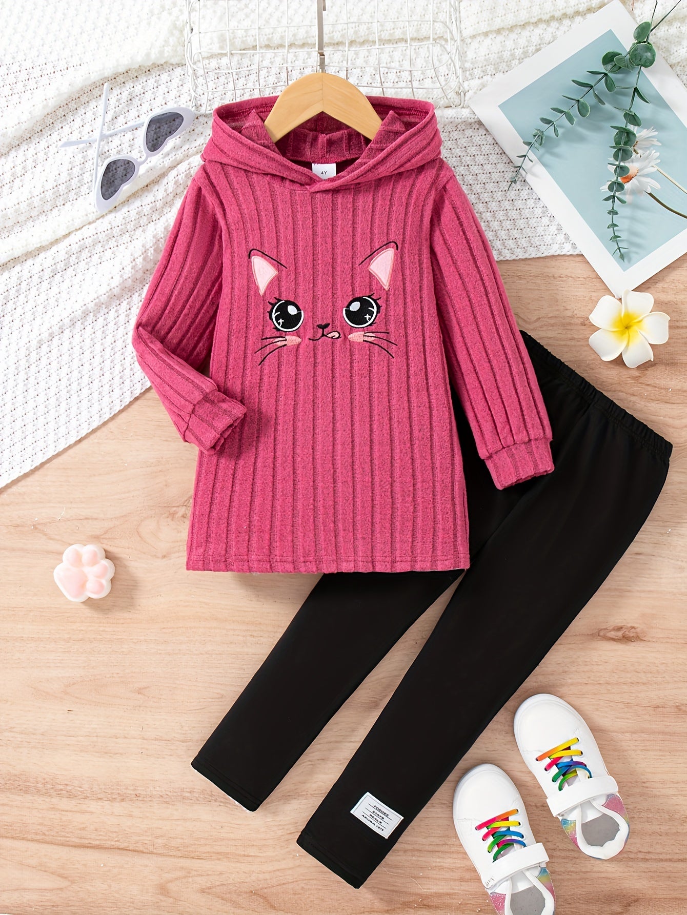 Cartoon Pattern Knit Set For Girls, Long Sleeve Top And Pants, Casual And Comfortable Outfit For Outdoor Activities in Spring And Autumn