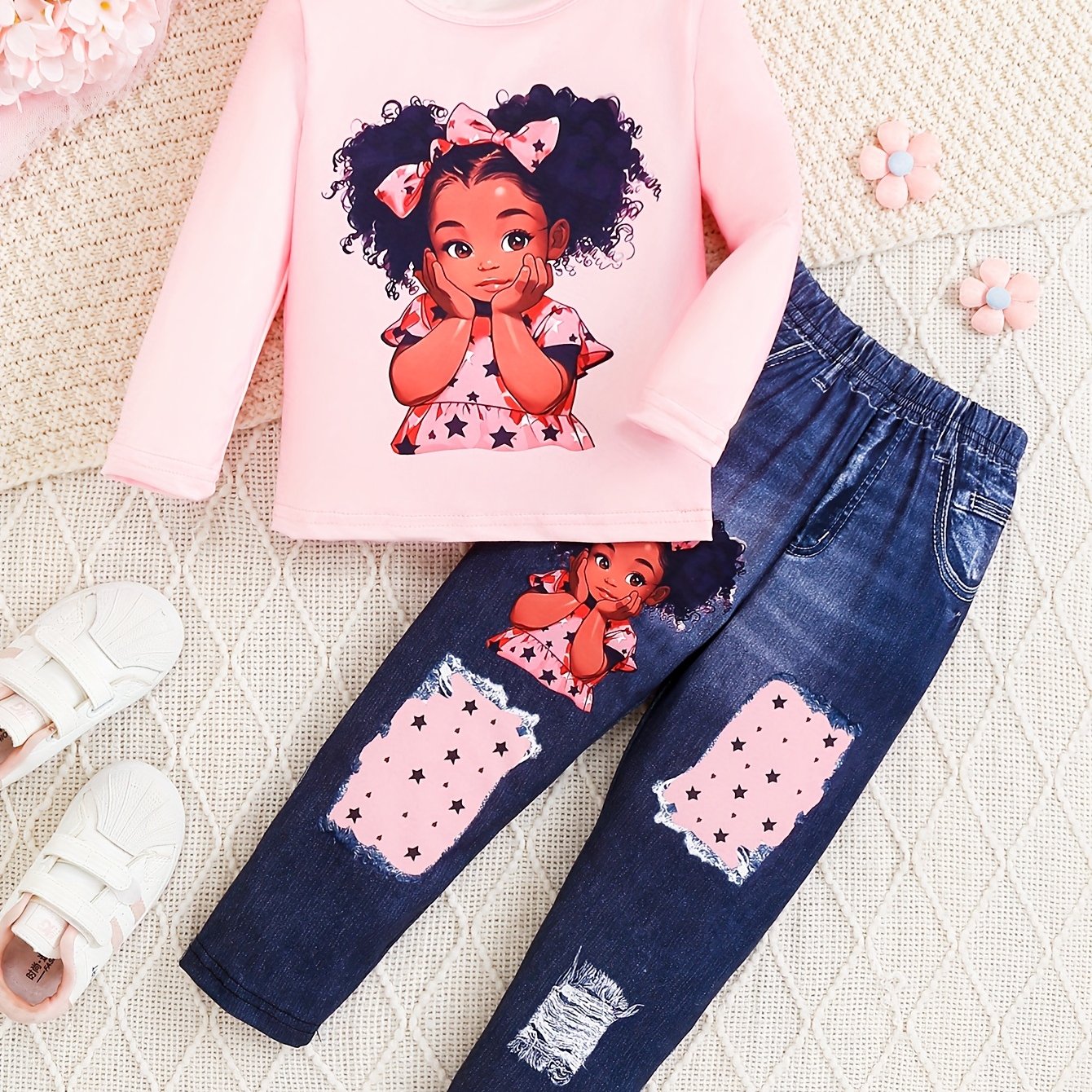 2Pcs Sweet Doll Print Suit Girl's outdoor Long-Sleeve Top + Imitation Denim Effect Leggings Set - Spring & Fall Clothes, Casual Outfits Holiday Sports Gift