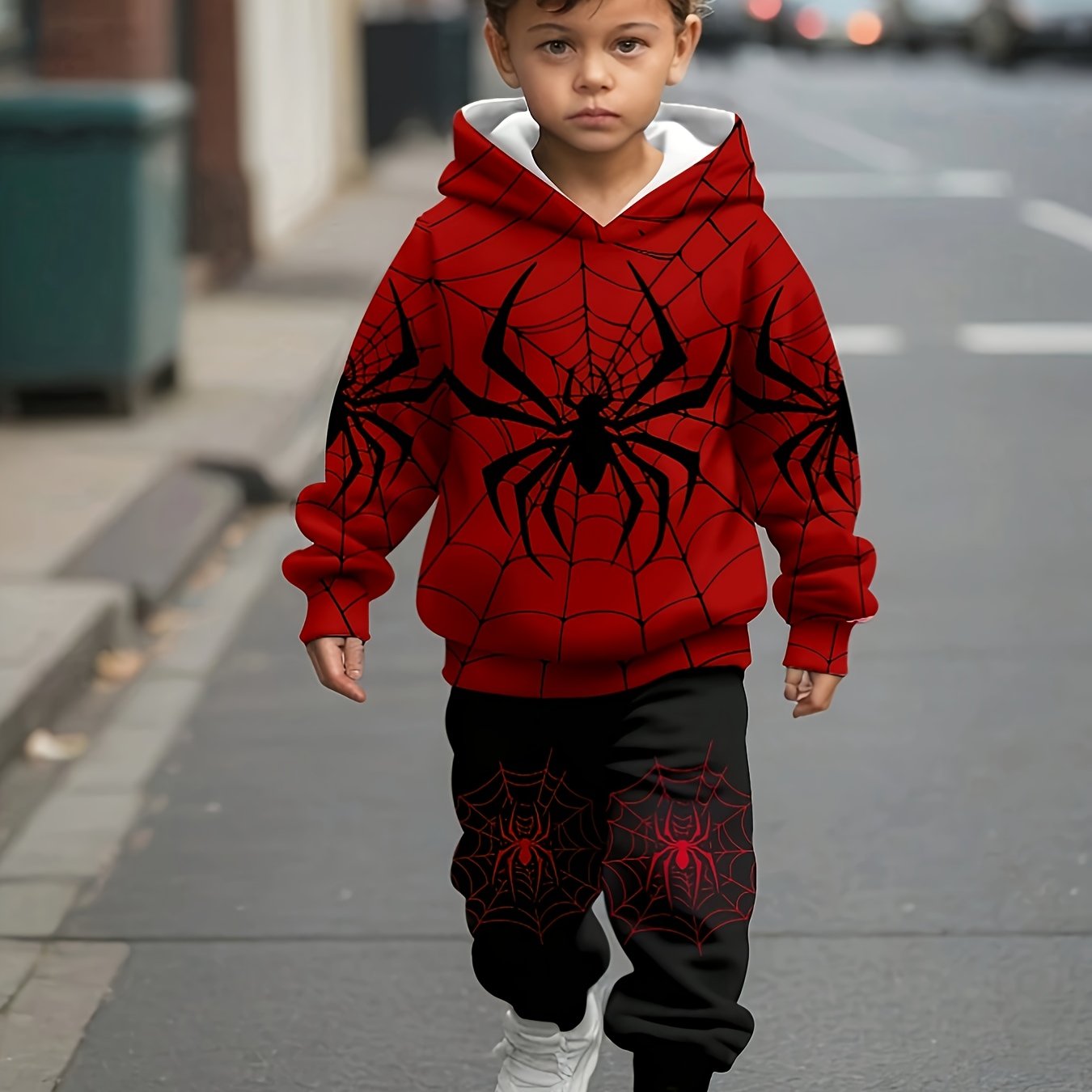 Boys' Spider Print Hoodie & Joggers Set - Cozy Polyester Blend, Machine Washable - Perfect for Fall/Winter, Perfect for Outdoor