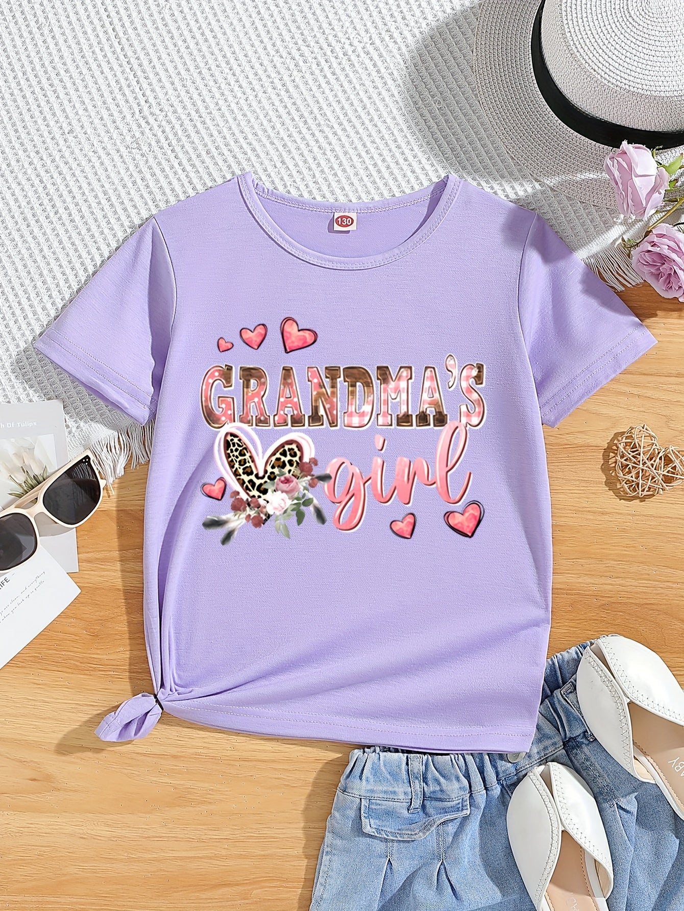 Adorable "Grandma's Girl" Pink T-Shirt for Girls - Soft & Stretchy Polyester Crew Neck Short Sleeve Tee with Heart & Butterfly Accents, Perfect for Summer, Girls Shirts