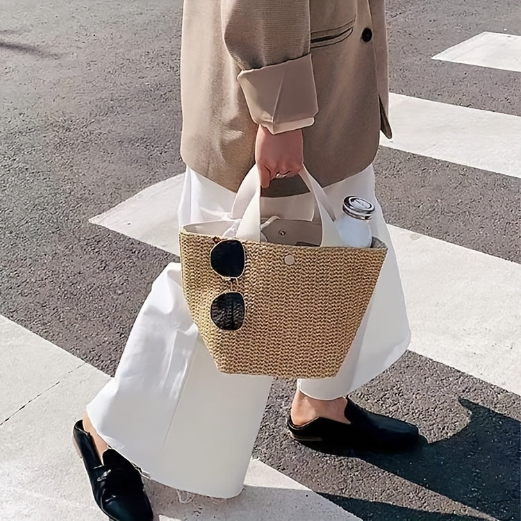 1pc Bohemian Style Large Woven Tote Bag - White Durable Fabric Roomy Beach Bag with Magnetic Closure, Polyester Lining for Outdoor Camping, Summer Adventures & Women's Fashion, Camping Gear Bag | Natural Fashion Tote | Woven