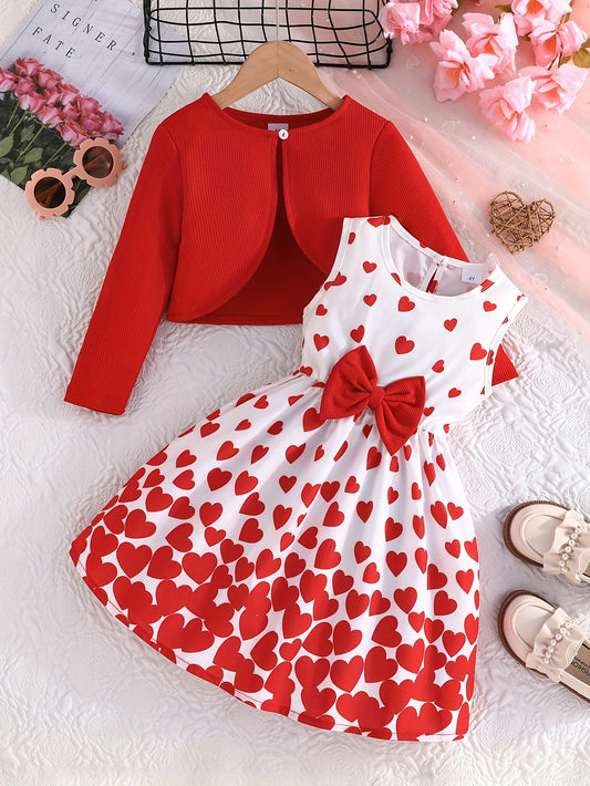 Romantic Cute 2pcs Long-sleeved Cardigan Jacket + Sleeveless Bow Sundress Set for Girls - Sweet Stylish Valentine's Day Outfit