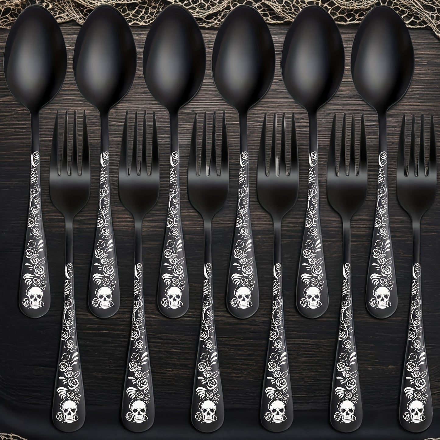 [6/8/12pcs Durable Steel Flatware Set] Gothic Black Skull and Rose Design Stainless Steel Flatware Set, 6/8/12pcs, Steel Cutlery Set for Halloween, Christmas, Easter, Thanksgiving - Durable Steel Spoons and Forks for Dessert