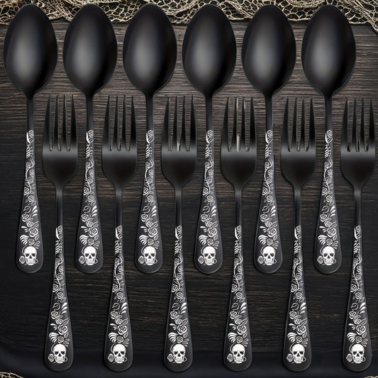 [6/8/12pcs Durable Steel Flatware Set] Gothic Black Skull and Rose Design Stainless Steel Flatware Set, 6/8/12pcs, Steel Cutlery Set for Halloween, Christmas, Easter, Thanksgiving - Durable Steel Spoons and Forks for Dessert