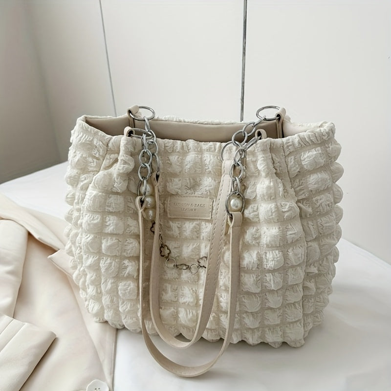 1pc Summer Sweet Clouds Tote Bag, Large Capacity Nylon Shoulder Bag for Women, Soft Handbag with Zipper Closure, 4 Colors (White/Pink/Green/Black), City Theme, Polyester Lining, Perfect for Commuting & Outings