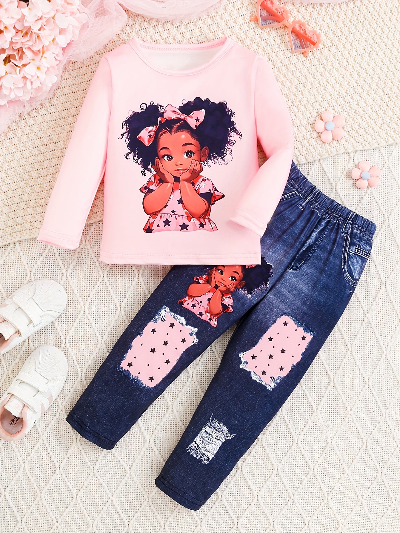 2Pcs Sweet Doll Print Suit Girl's outdoor Long-Sleeve Top + Imitation Denim Effect Leggings Set - Spring & Fall Clothes, Casual Outfits Holiday Sports Gift