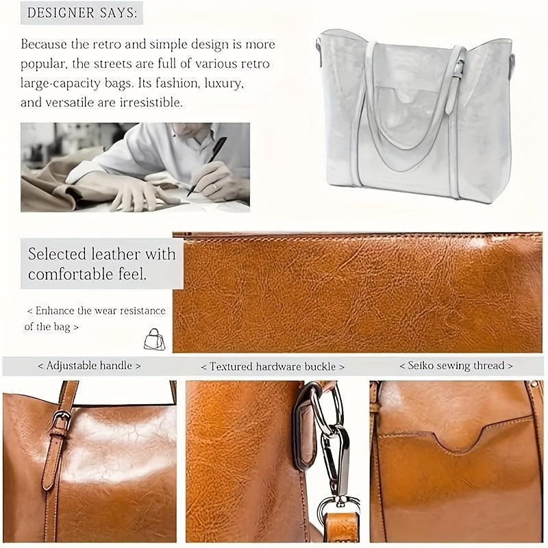 Elegant Brown Waxed Handbag for Women - Chic Single Shoulder Bag with Detachable Strap, Zip Closure & Polished Finish, Purse for Traveling, Ladies Handbag