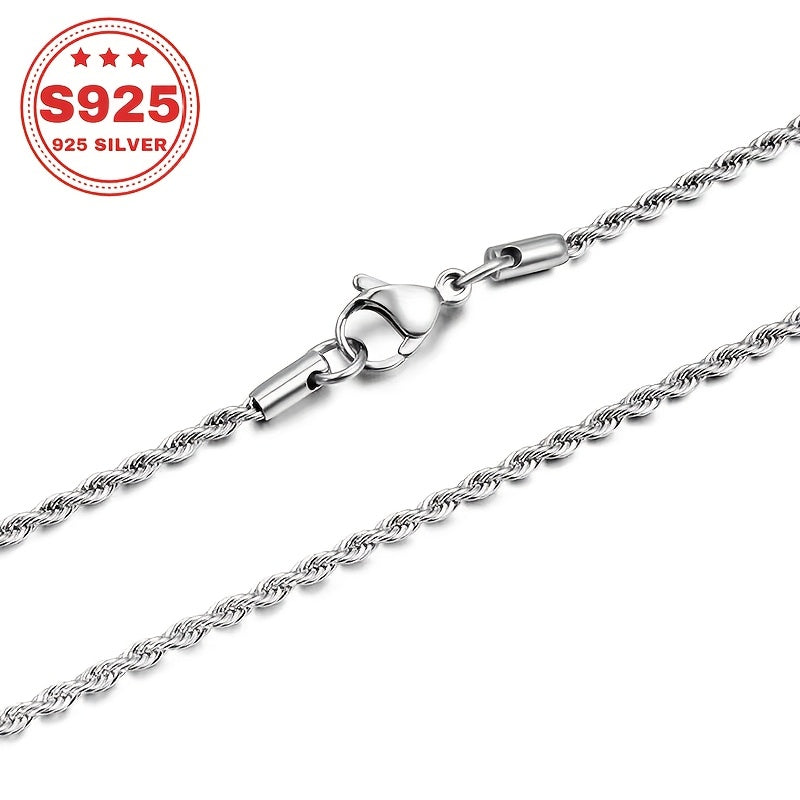 S925 Sterling Silvery Twist Chain Necklace - Classic Italian Style, 4mm Wide, Fashionable & Trendy, Perfect Christmas Gift, 0.6oz