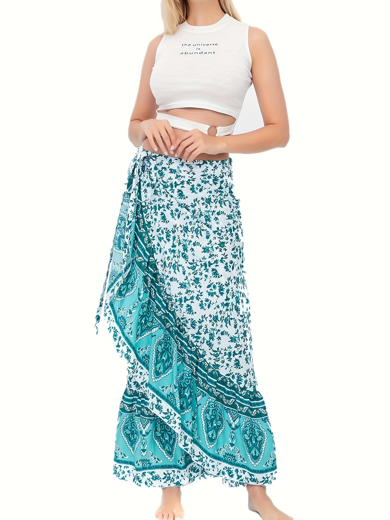 [Boho Print Maxi Skirt] High Waist Boho Print Maxi Skirt - Asymmetric Hem Side Wrap Long Skirt for Women