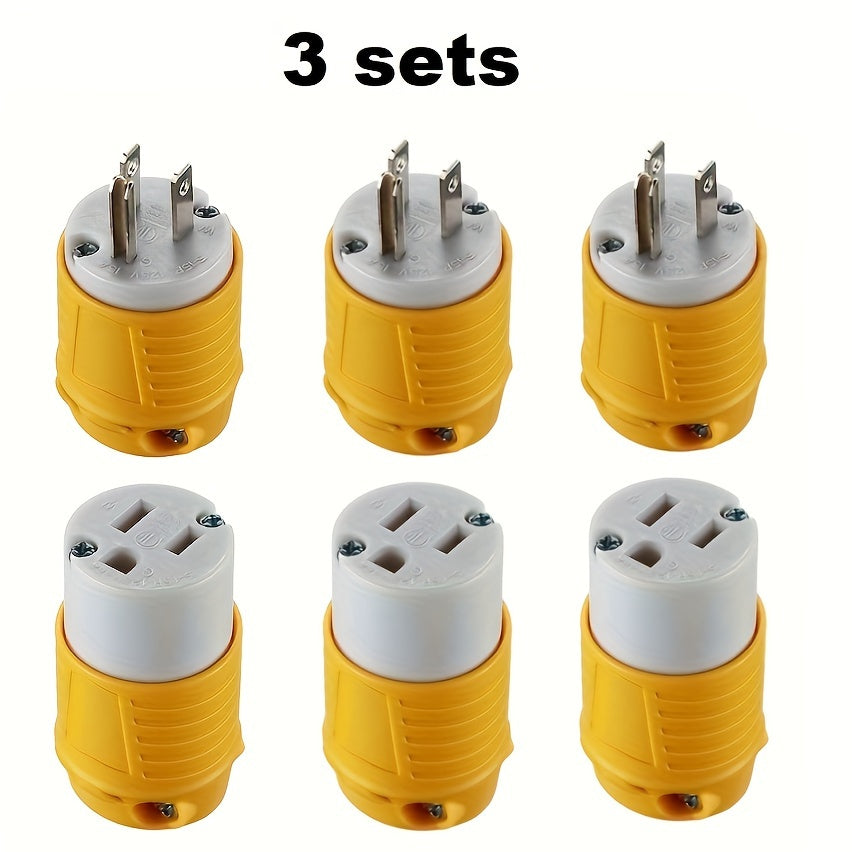 [5 Male and Female Connectors Set] Set of 1/3/5 Male And Female Connectors, American Industrial RV Replacement Plug Set NEMA 5-15R 15A 125V, Straight Connector, Yellow Color, Without Battery