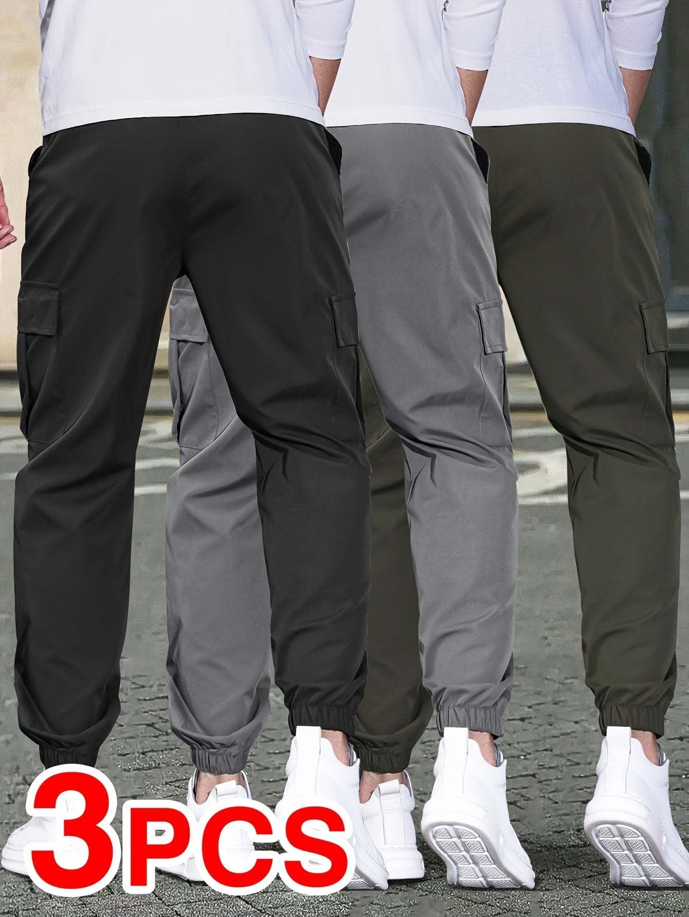 Set of 3 Stylish Men'S Cargo Pants - Comfortable, Breathable, And Practical, Featuring Multiple Side Pockets Suitable for Summer Outdoor Activities, Hiking, Camping, And Travel.