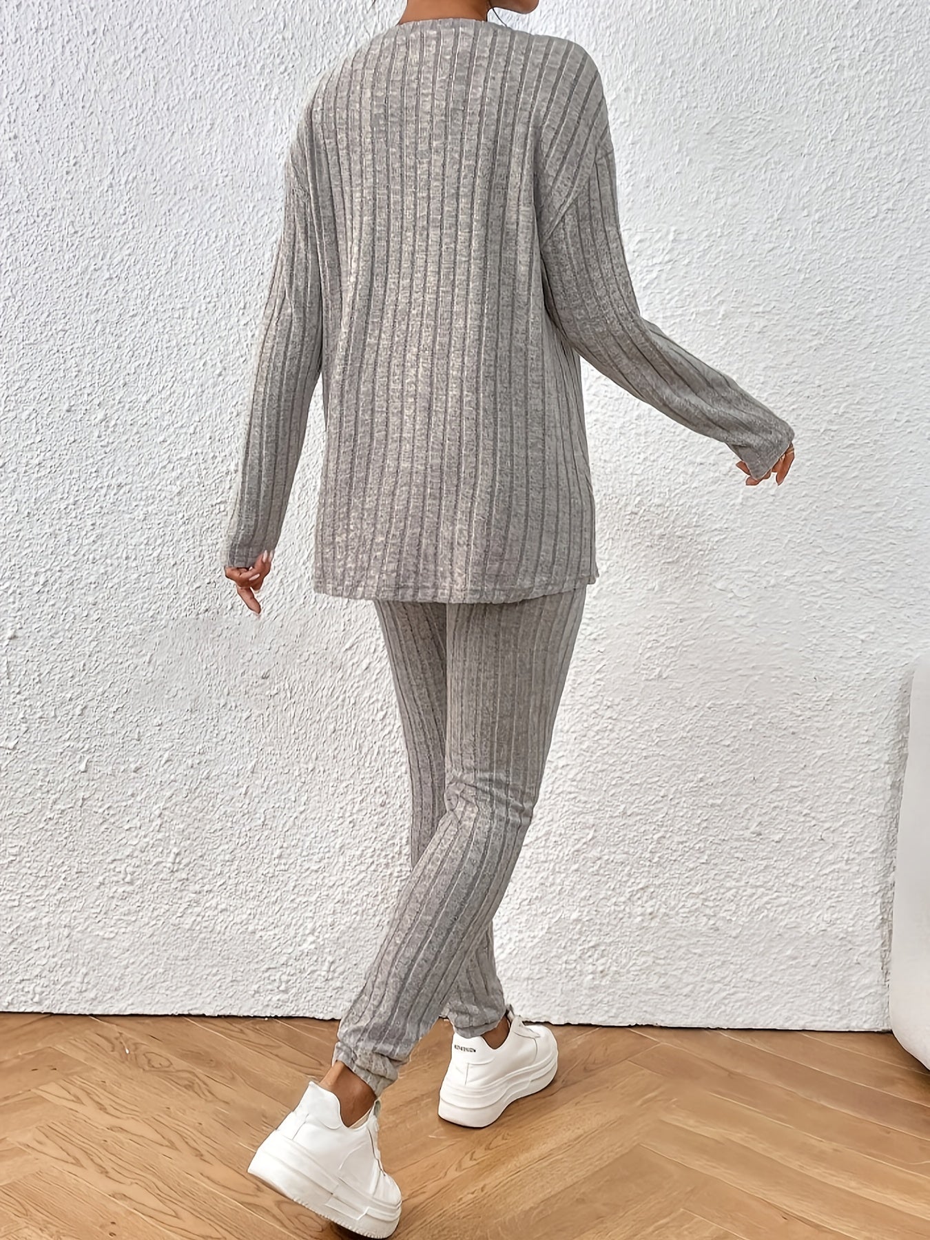 Women'S Fall/Winter Knit Pajama Set, Solid Color Polyester 100% Long Sleeve Crew Neck Loose Fit Vacation Style Pullovers with Pants, Comfortable V-Neck Lounge Suit