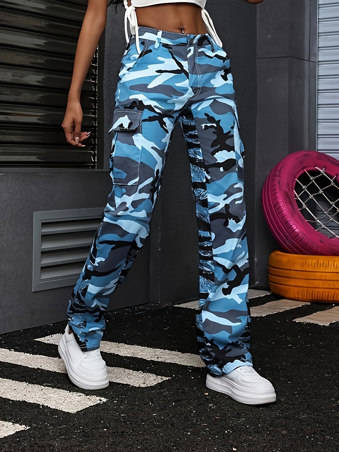 Women's Stretchy Camouflage Cargo Pants, Street Style, Elastic Waistband, Multiple Pockets, Fashionable Outdoor Trousers