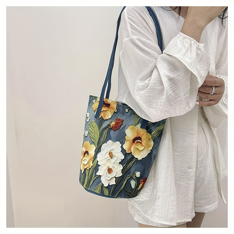 Floral Oxford Cloth Bucket Bag for Women - Stylish Summer Handbag with Oil Painting Flower Design, Large Capacity, Green/Blue/Black, Perfect for Casual Outings, Ladies Handbags